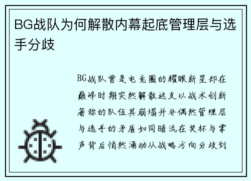 BG战队为何解散内幕起底管理层与选手分歧